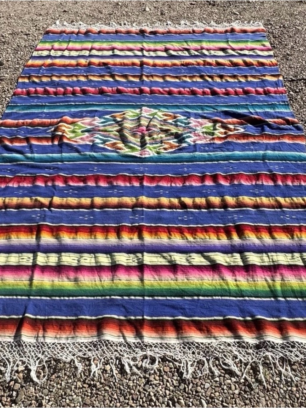 Vintage Antique LARGE Mexican Serape Blanket Fringe Excellent Bright Colors!